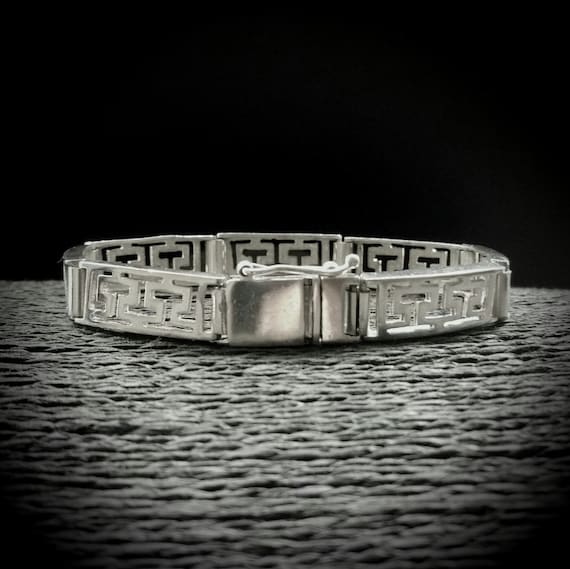 Vintage Sterling Silver Greek Key Panel Bracelet, Art Deco Style