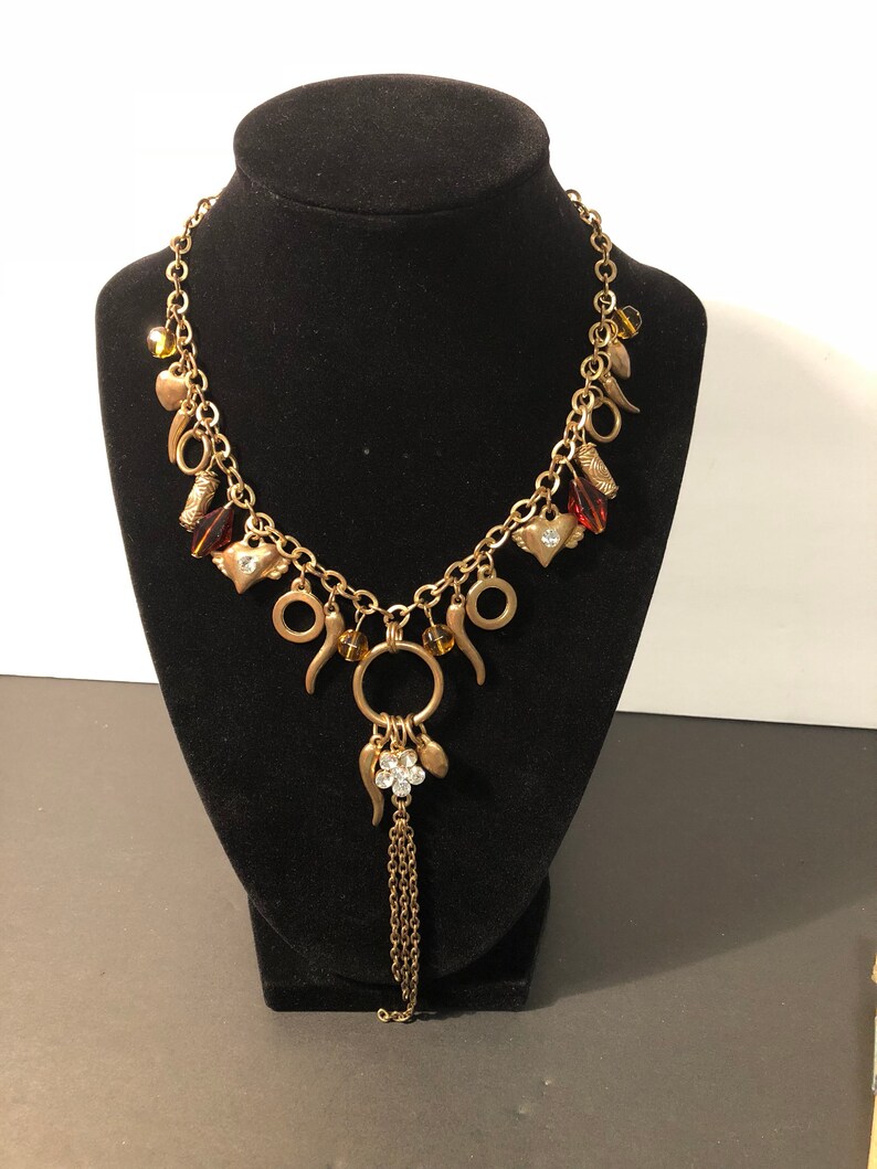 horns and amber beads Charm gold toned necklace hearts