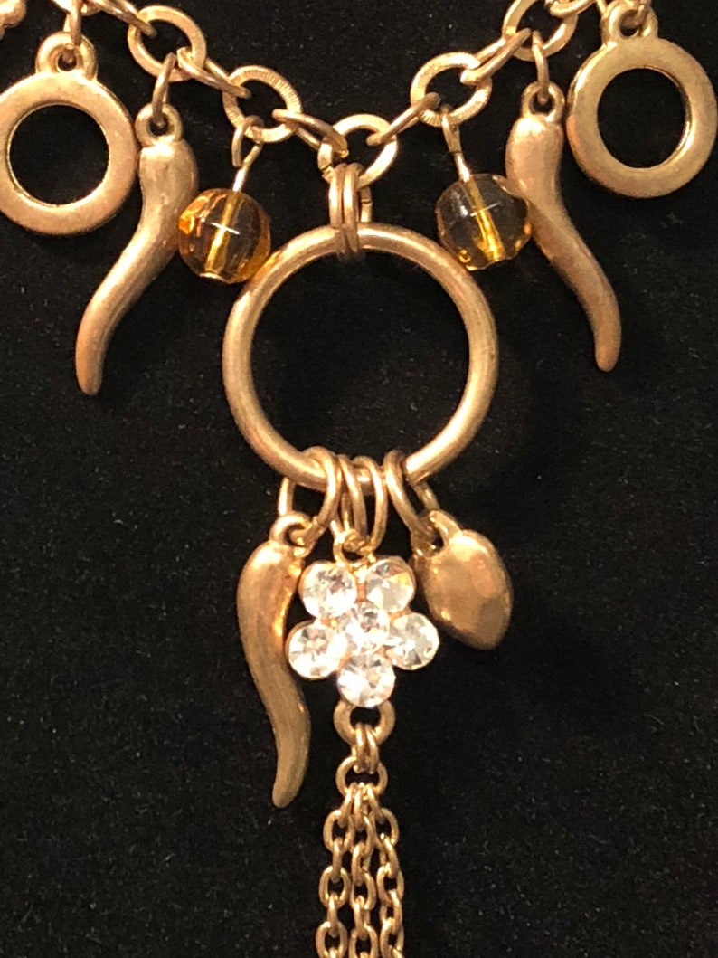 horns and amber beads Charm gold toned necklace hearts