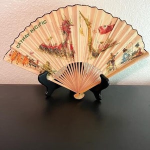 Fantastic Vintage Cathay Pacific Airlines Folding Bamboo and Paper Hand Fan with Asian Culture Scenes