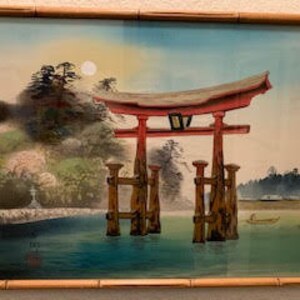Fantastic Vintage Mid Century Silk Painting of a Japanese Torii Gate (Maybe off Miyajima Island in Japan) Framed in Faux Bamboo