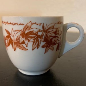 May include: A white ceramic teacup with a brown leafy pattern around the rim.