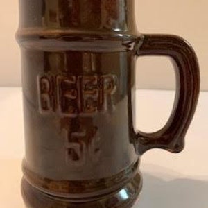 Fantastic Vintage Brown Stoneware Pottery "Beer 5 Cents" Stein/Mug Signed Col. I Conk Made In USA