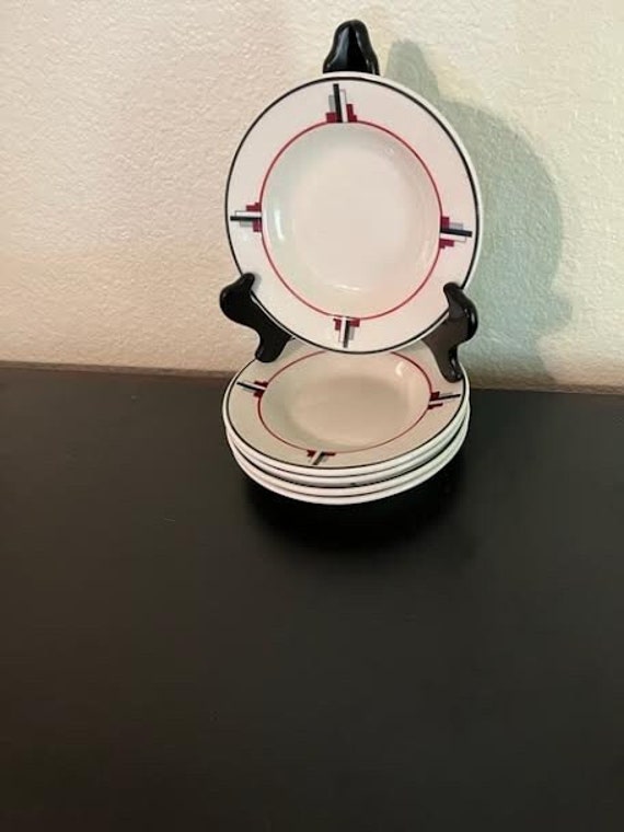 Fantastic Vintage Mid Century O.P.CO Syracuse China Restaurant Ware White, Gray, Black, Maroon Art Deco Design Fruit/Berry Bowl