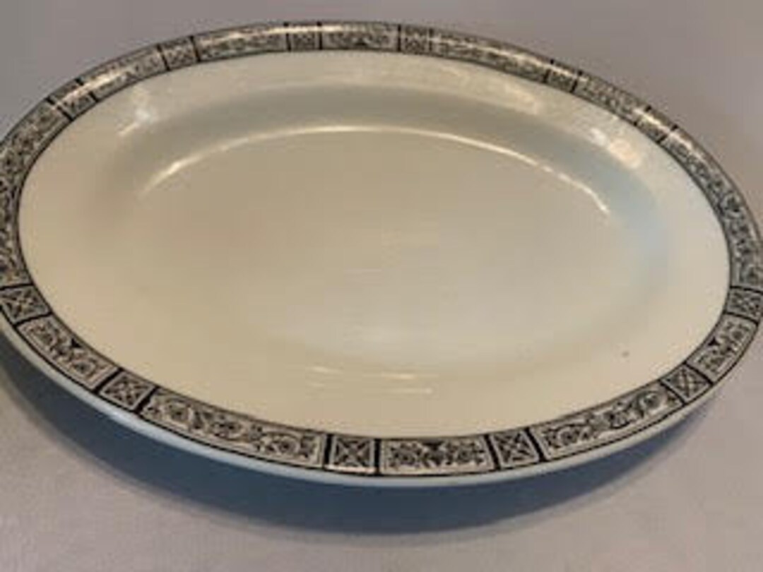 Fantastic Vintage 30s Buffalo China Oval Plate With Black Band Raleigh