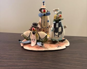 Fantast Vintage Pottery Zampiva Figurine of Three or a Trio of Clowns Made in Italy Signed