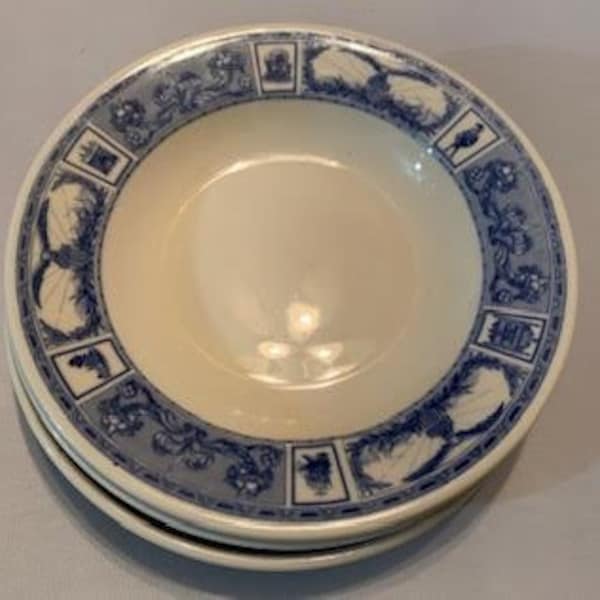 Três fantásticos pratos ou tigelas de sopa vintage de meados do século Ivory Lamberton China Sterling American Hotel Corporation Nova York