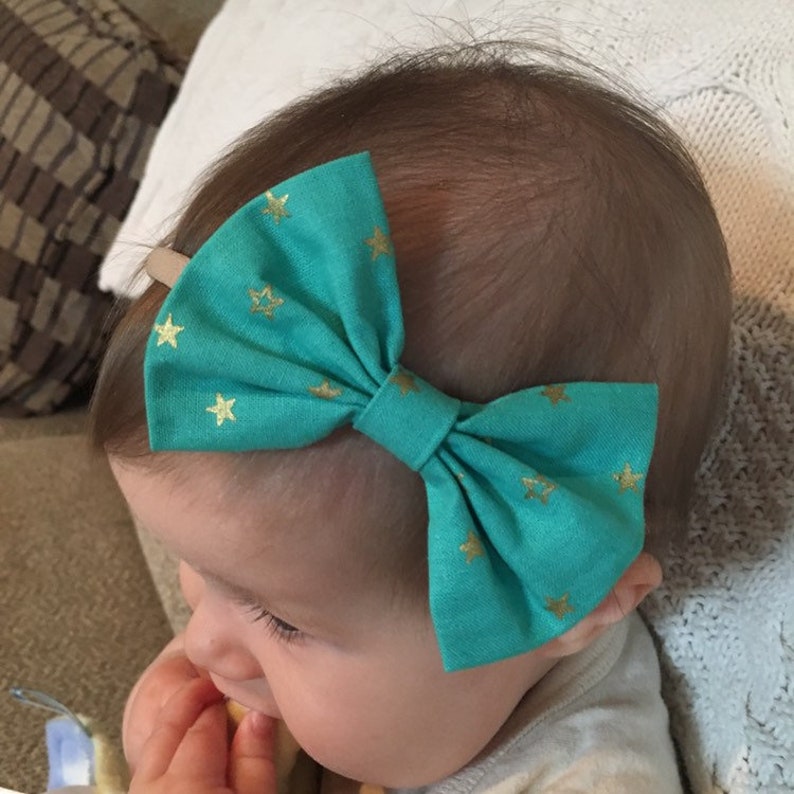 Aqua green /& gold stars bow