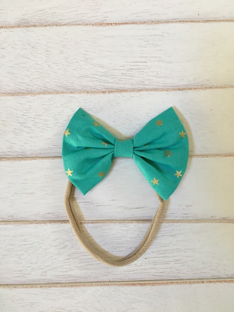Aqua green /& gold stars bow