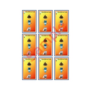 Holds bingo- These cards are trash theme. 25 Cards, 3 balls per number. 5 PDF Included with master and call sheet