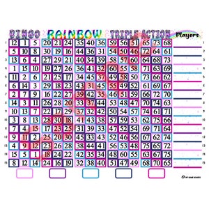 Rainbow Triple Action Bingo, 15 lines, 75 BALL, Mixed Numbers