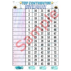 Top Contributor Bingo Board for Giveaway, 15 lines. 75 Balls, Mixed & Straight Included