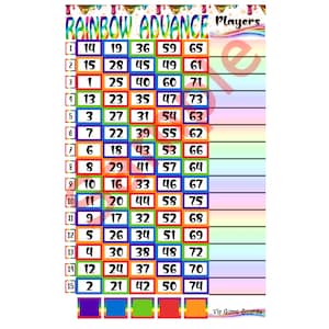 ADVANCE RAINBOW BINGO bundle, Main Board, 3 Mini&#39;s Included, 15 Lines, 75 Ball. 5 Pdfs. All mixed numbers. See description