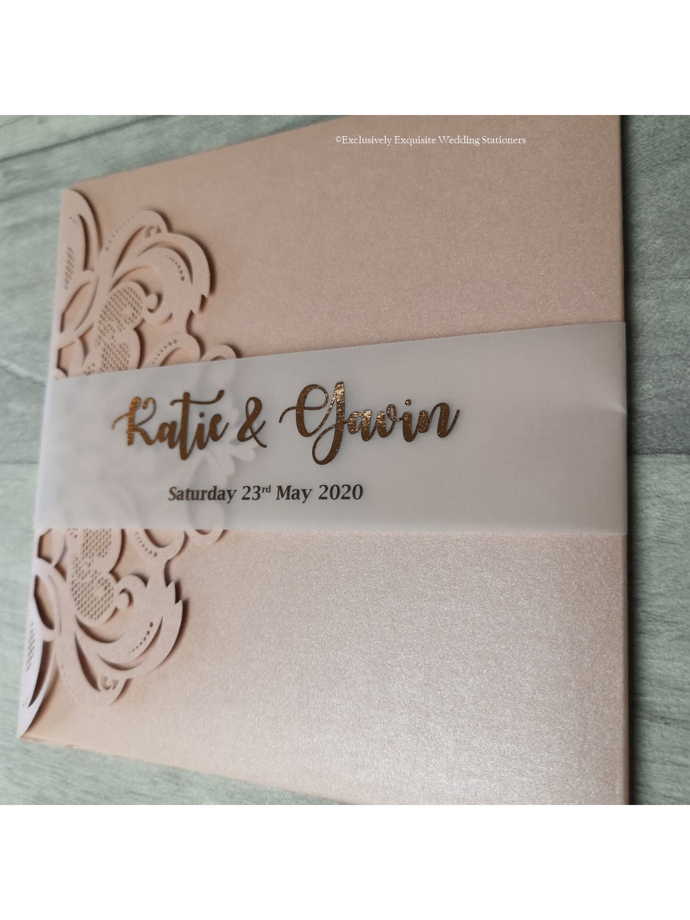 Blush Laser Cut Vellum Band Wedding Invitation Metallic Etsy UK