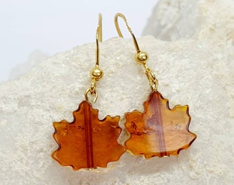 Baltic Cognac Amber Maple Leaf Gold Plated 925 Sterling Silver Earrings. Made by The Art Of Jewellery UK