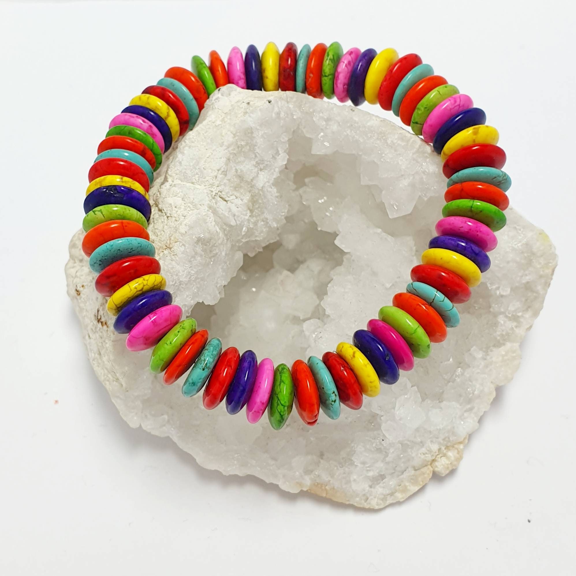 Multi-colour Rainbow Magnesite Disc Stretch Bracelet. Made by - Etsy