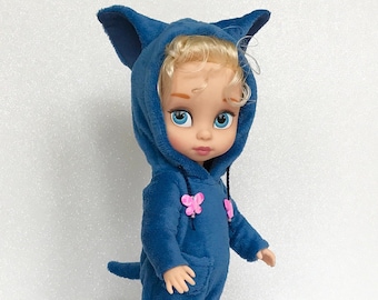 Disney animator poppenkleding, blauwe kat hoodie jumpsuit met oren voor disney animator collectie pop, kostuum voor animator pop, cadeau voor kind