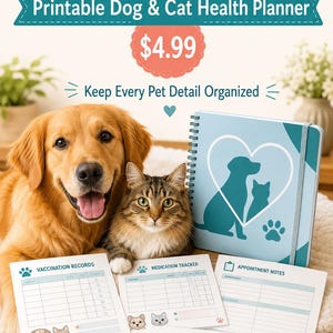 Può includere: Un Happy Pet Care Kit con un pianificatore sanitario stampabile per cani e gatti, dotato di un quaderno a spirale con una sagoma a forma di cuore e fogli di monitoraggio per vaccinazioni, farmaci, appuntamenti e contatti di emergenza.