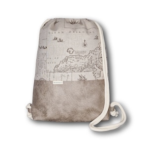 WunderStil Turnbeutel Rucksack Weltkarte Seekarte beige Kunstleder antikbraun - Sportbeutel Reisetasche Geschenk Mann Gymbag in 2 Größen