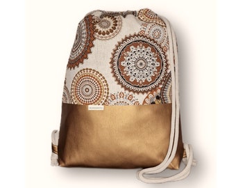 WunderStil Turnbeutel Rucksack Mandala Muster Kunstleder Kupfer natur in 2 Größen Sportbeutel Reisetasche Geschenkidee Yogatasche