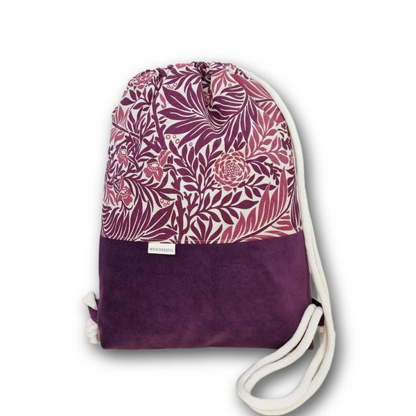 Turnbeutel Damen Rucksack Motiv Blätter und Velours fuchsia in 2 Größen Festivalbag Geschenkidee Tasche für Uni Sporttasche Stofftasche