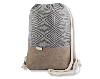 Turnbeutel Rucksack Ethno Raute natur in 2 Größen Sportbeutel Geschenk für Ihn Geschenkidee Gymbag