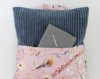 Lesekissen Tragekissen Kissen mit Tasche aus Cordstoff dunkelgrau Motiv Trockenblumen für Buch, E-Reader oder Tablet Geschenkidee Buchkissen