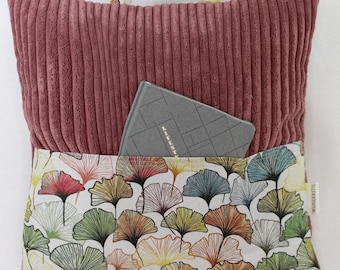 Lesekissen Tragekissen Kissen mit Tasche aus Cordstoff altrose Motiv Ginko bunt für Buch, E-Reader oder Tablet