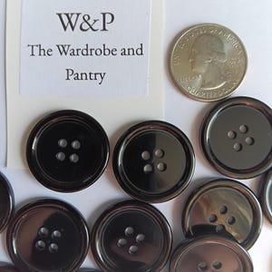 Set of 5, 1" (25.4 mm) Black Plastic Buttons, Ridge on Front, Flat Back