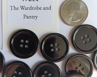 Set of 5, 1" (25.4 mm) Black Plastic Buttons, Ridge on Front, Flat Back