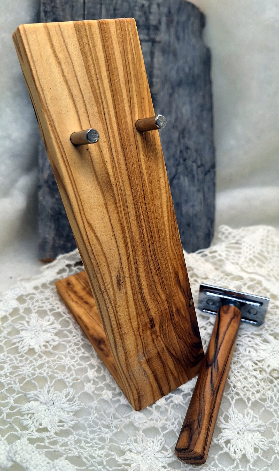 Razor Holder Set for Wet Razors, Olive Wood, With Olive Wood Safety ...