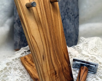 Set porta rasoio per rasoi bagnati in legno d'ulivo con rasoio di sicurezza in legno d'ulivo