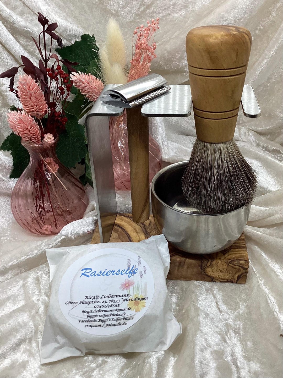 Rasier-Set aus Olivenholz mit Metall-Schale, Rasier-Hobel, Pinsel und ...