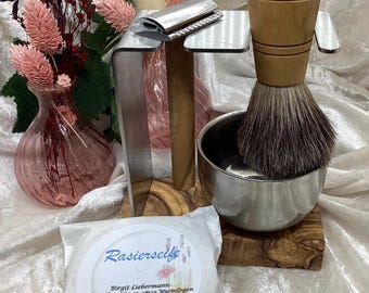 Set de afeitado de madera de olivo con cuenco de metal, maquinilla de afeitar de seguridad, cepillo y jabón - Hermoso set de regalo