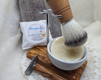 Olive wood shaving set with round bowl, safety razor, vegan shaving brush and soap - Beautiful gift set