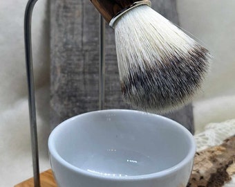 Set porta pennello da barba in legno d'ulivo con ciotola rotonda, pennello da barba vegano e sapone da barba - Bellissimo set regalo