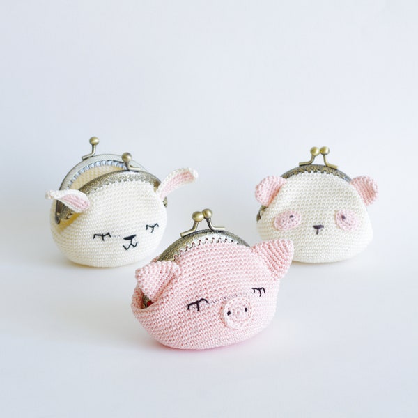 Modèle 3 en 1 - Modèle de sac à main au crochet - Cadre de porte-monnaie au crochet - Lapin Amigurumi - Panda Amigurumi - Cochon Amigurumi - Modèle d'accessoires au crochet