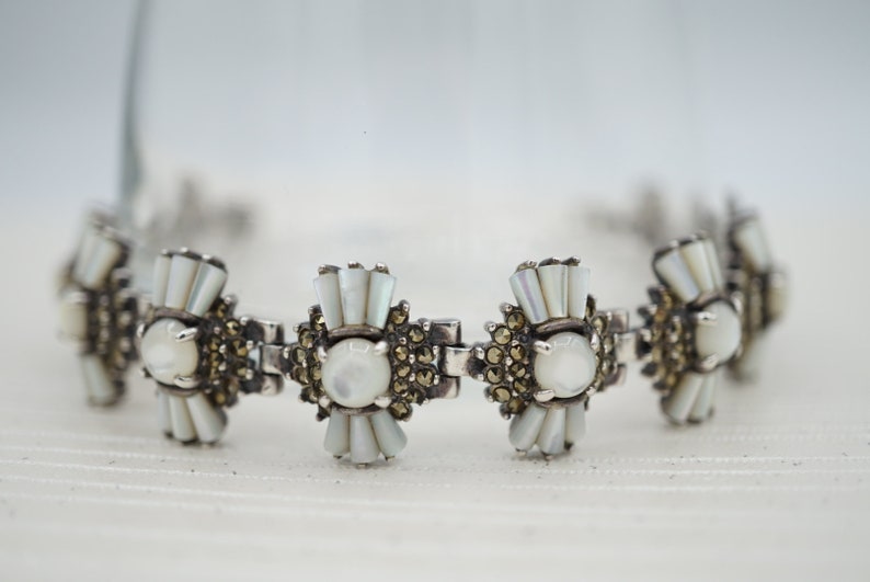Mother of Pearl Marcasite Sterling Silver Vintage Bracelet Art Deco Bracelet Silver Bracelet Natural Stone Bridal Bracelet Becca