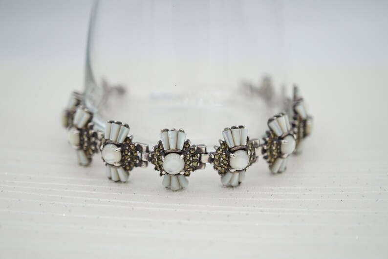 Mother of Pearl Marcasite Sterling Silver Vintage Bracelet Art Deco Bracelet Silver Bracelet Natural Stone Bridal Bracelet Becca