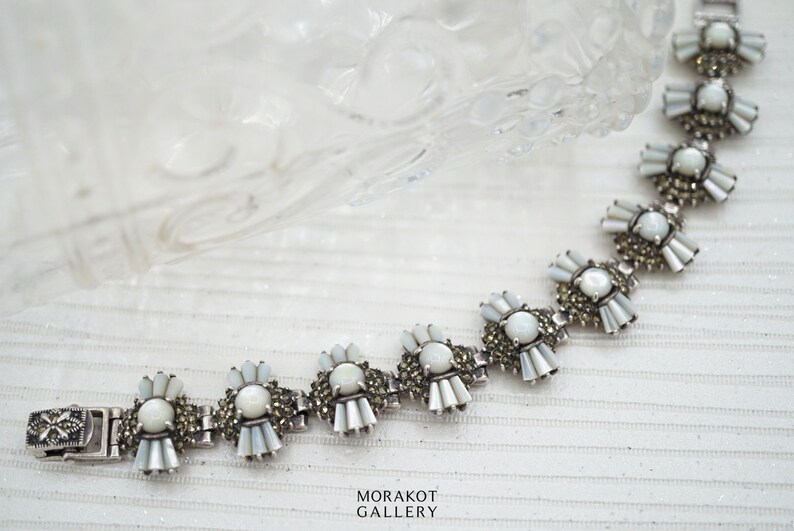 Mother of Pearl Marcasite Sterling Silver Vintage Bracelet Art Deco Bracelet Silver Bracelet Natural Stone Bridal Bracelet Becca
