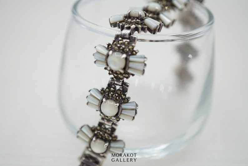 Mother of Pearl Marcasite Sterling Silver Vintage Bracelet Art Deco Bracelet Silver Bracelet Natural Stone Bridal Bracelet Becca