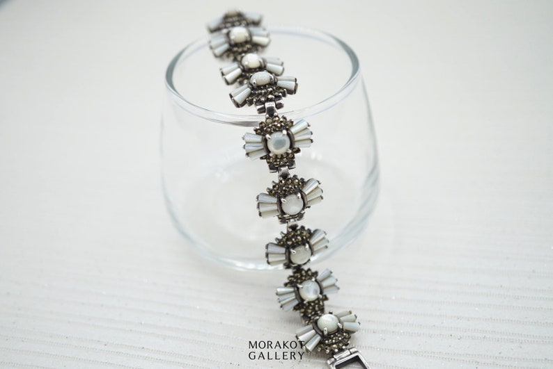 Mother of Pearl Marcasite Sterling Silver Vintage Bracelet Art Deco Bracelet Silver Bracelet Natural Stone Bridal Bracelet Becca