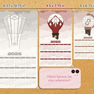 May include: Three printable calendar designs for the year 2025. The first design features a black and white illustration of a tower. The second design features a red and white illustration of a lightbulb. The third design features a brown and white illustration of a globe. Each calendar is 16.2 cm by 27.3 cm, 11.4 cm by 19.7 cm, and 10.2 cm by 17.1 cm respectively.