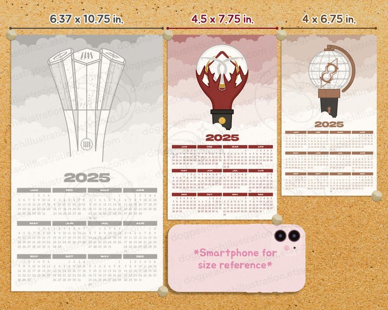 May include: Three printable calendar designs for the year 2025. The first design features a black and white illustration of a tower. The second design features a red and white illustration of a lightbulb. The third design features a brown and white illustration of a globe. Each calendar is 16.2 cm by 27.3 cm, 11.4 cm by 19.7 cm, and 10.2 cm by 17.1 cm respectively.