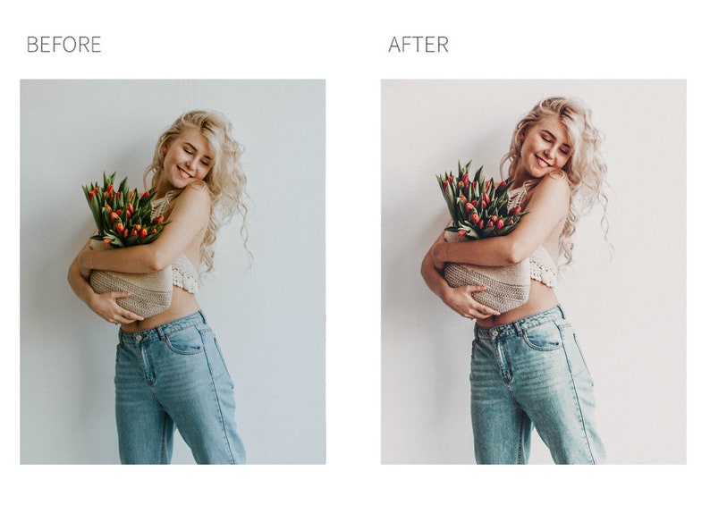 May include: A woman with blonde curly hair is holding a bouquet of red tulips in a woven basket. She is wearing a white crochet top and blue jeans. The background is a white wall.