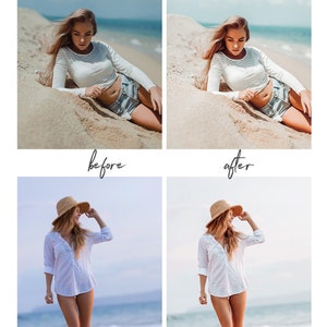 May include: Image comparison showing a before and after photo editing effect. The top images show a woman in a striped shirt and denim shorts on a beach. The bottom images show a woman in a white shirt and straw hat on a beach.