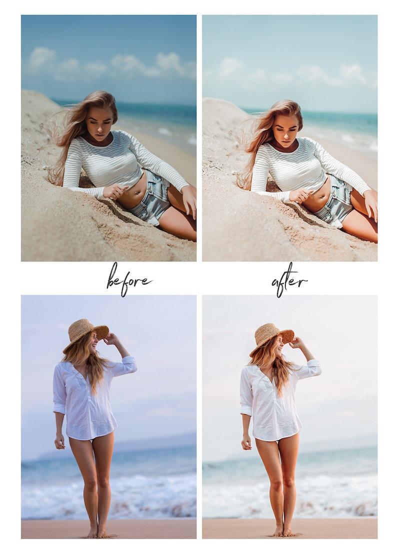 May include: Image comparison showing a before and after photo editing effect. The top images show a woman in a striped shirt and denim shorts on a beach. The bottom images show a woman in a white shirt and straw hat on a beach.