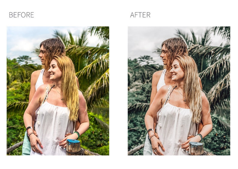 May include: Two people stand close together in a tropical setting. They are both wearing white tank tops and have long hair. The woman on the right is smiling. The background is a lush green forest with palm trees.