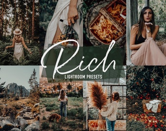 May include: A collage of images showcasing a collection of Lightroom presets called "Rich". The images feature a variety of scenes, including a woman walking through a forest, a woman sitting on a bench, a woman standing in a field, and a woman holding a bouquet of flowers.