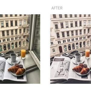 May include: A breakfast spread on a windowsill with a view of a city street. The spread includes a magazine, two croissants, a cup of coffee, and a glass of orange juice.